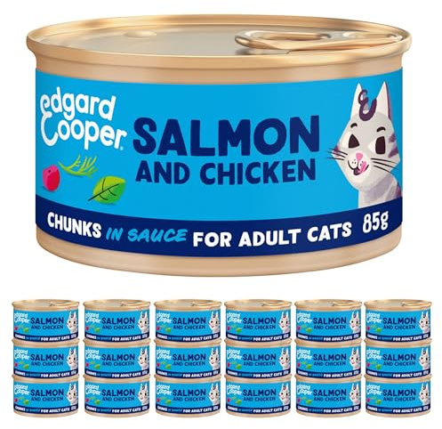 Edgard & Cooper Våtmat Steriliserad eller Aktiv Katt, Katt, Vuxen, Bitar i en naturlig sås utan spannmål 85 g x 18 lax och kyckling, lätt att smälta, hälsosam mat välsmakande och balanserad