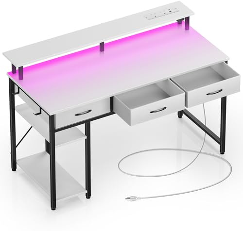 Rolanstar 137cm Computer Desk with Monitor Stand & Storage - 3 Fabric Drawers, 2 Shelves, Gaming Desk with LED Lights & Power Outlets, Home Office Desk, Study Writing Table for Work Play(White)