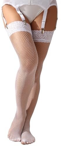 ohmydear Fishnet Stockings for Women Suspenders Holdup Stockings White Fishnets Sexy Floral Lace Double Anti-skid Silicone Thigh High Fish Nets Lingerie, XS-M
