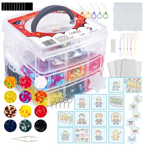 La Manuli Bügelperlenset 6000 Stück Sortiert Bügelperlen 5mm Midi in 20 Farben - Super Hero Steckperlen Set Vorlagen mit Muster Große Platten, Organizerbox