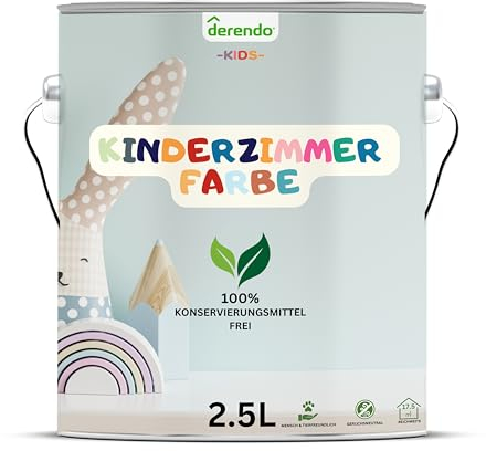 derendo Kinderzimmer Wandfarbe – Umweltfreundlich, Geruchsneutral, Hohe Deckkraft, Schadstofffrei – Farbenfrohe Auswahl pastellfarben Farbe Weiss 2,5L