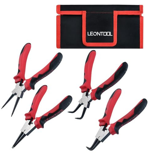 LEONTOOL Sprengringzangen-Set, 17,8 cm, interne externe Sicherungsringzange, gerade und gebogene Backenverriegelungsringzange, Spitzendurchmesser 0,2 cm, C-Clip-Zange für Ringentferner, mit