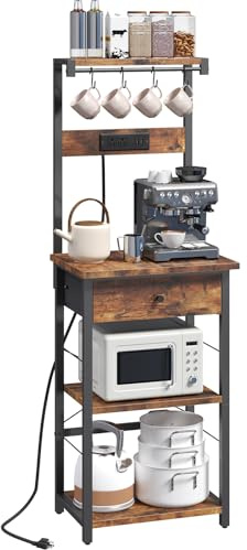 MAHANCRIS Bakers Rack with Drawer, Microwave Stand with Power Outlet, Coffee Bar Station with 4 Hooks, Kitchen Storage Shelf Rack 4 Tiers, for Kitchen, Dining Room, Rustic Brown and Black BRHR48E01
