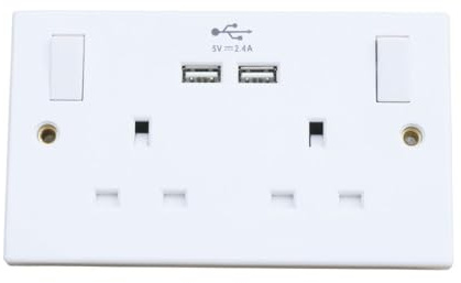 Securlec double USB wall socket in white - switched double plug socket - USB A + C charger - 13A 250V electrical wall socket -2 gang curved edge socket.