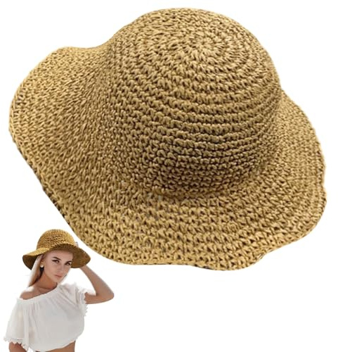 SAIIURV Women Straw Hat, Foldable Floppy Wide Brim Sun Cap, Sun Hats, Summer Outdoor Beach Hat UV Protection for Women Girls, Travel Decoration Vacation(UK, Alpha, M, L, Khaki)