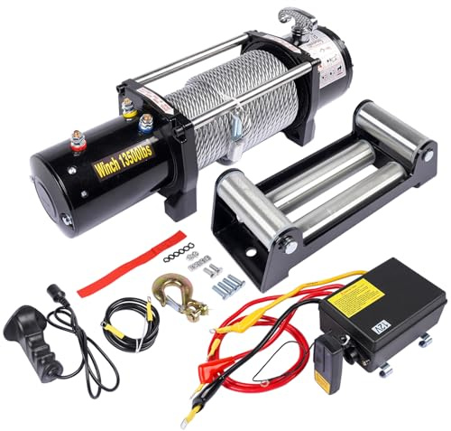 Verricello Elettrico 12V 13500 lbs 6123 Kg, Argano per Camion con Cavo in Acciaio Φ0.95 x 2400 cm, Applicabile a Quad, SUV, Camion, Rimorchio per Barca, Pick-up SUV Hopzty