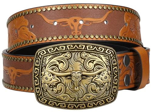SUOSDEY Western cowboy bälten för män kvinnor cowgirl land blommigt graverat läderbälten med långhorn tjur Texas spänne 3,8 cm bredd, 01-brun, Fit waist 40-43
