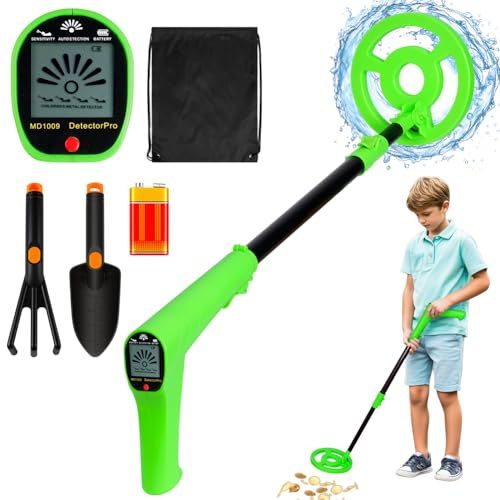 AXFEE Detector de Metales Niños, Detectores de Metale Plegable IP66 con Pantalla LCD e Indicación de Sonido,Detector de Metales de Alta Precisión con Pala, Rastrillo y Mochila,para Niños（Verde）