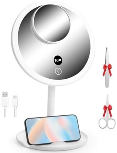 OTraki Schminkspiegel mit Beleuchtung, Vergrößerungsspiegel mit Light 10 Fach, Kosmetikspiegel mit Beleuchtung, Verstellbare Helligkeit in 3 Farben, Round Wiederaufladbar Vergrößerungs mit USB-Kabel