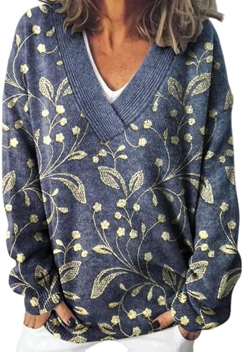 Gienslru Pull Femme Chic col V Automne Hiver Oversize décontracté, Pull Chaud Noël élégant Grande Taille Tricot Vintage norvégien, Manches Longues Casual Sweat Gilet