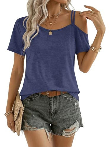 PLMOKEN Camiseta Hombros Descubiertos Mujer Verano Manga Corta Top de Hombro Asimétrico Casual Túnica Azul Marino S