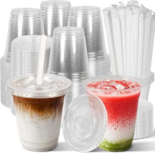 KAHEIGN 50 styck Transparenta plastglas med lock och pappersstrå, 360ml Återanvändbara plastglas för kaffe Eleganta glas för kallt kaffe, smoothies, kalla drycker, fester, catering