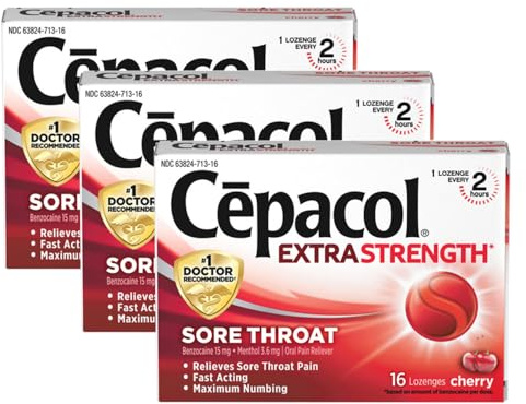 Cepacol Extra Strength Sore Throat & Cough Relief Lozenges, 16 Count, Cherry Flavor, Maximum Numbing, Fast Acting Relieves Sore Throat Pain, and Quiets Cough (Pack of 3)