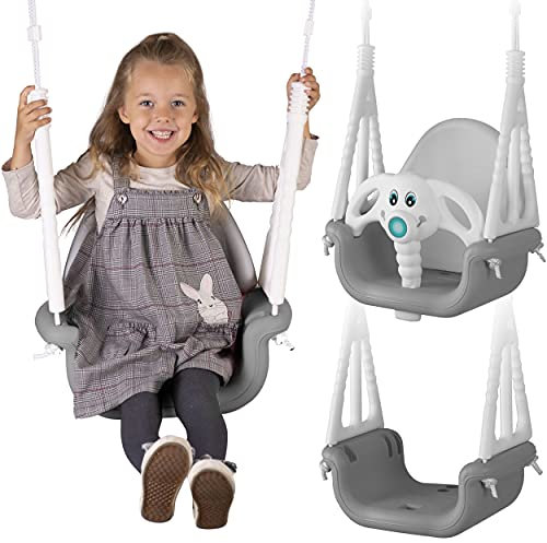 Ricokids, Eimer-Schaukelsitz 3in1, für Kinder von 6 Monaten bis 7 Jahren, modular, rutschfest, ergonomisch, einfache Montage, Absturzsicherung, Outdoor & Indoor, Seile bis zu 130 cm, Grau
