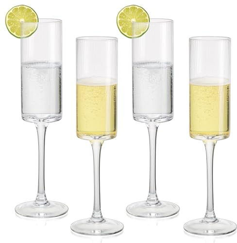 Inweder Kristall Champagnergläser 4er Set: Zylinder Champagnerflöten Vintage Trinkgläser Gerippte Weingläser Cocktailglas Prosecco Glas Hochzeit Jahrestag Weihnachten Geburtstag Party Geschenke