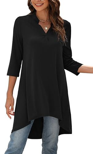 Naggoo Women's 3/4 Sleeve Notch V Neck High Low Loose Fit Long Tunic Tops Shirts Blouses Black L
