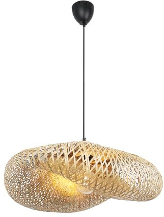 Alpinaluz Lámpara Colgante de Mimbre Natural ø600 mm - Diseño Artesanal con Pantalla Tejida a Mano, Portalámpara E27 de Madera y Cable Negro, para Salón, Comedor y Dormitorio