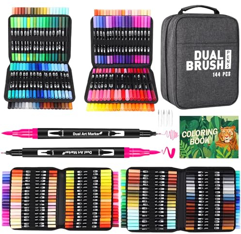 Sonlaryin Rotuladores Lettering, 144 Rotulador Pincel Doble Punta para Adultos, Acuarelables para Mandalas, Graffiti y Caligrafía