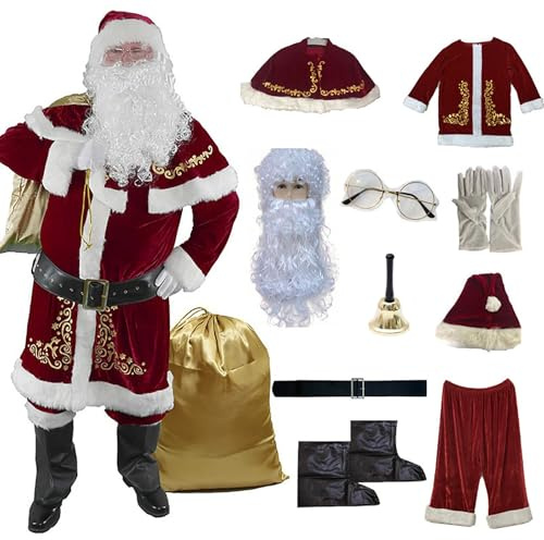 Velcoxplay Costume de Père 12 pièces Noël pour Hommes Complet de Déguisement de Noël pour Adulte Rouge Velours de Luxe Vêtement de Père XXL