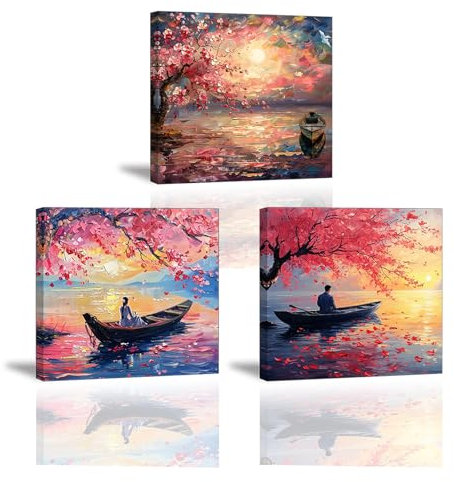 Piy Painting Impression Sur Toile Du Paysage Du Coucher Du Soleil, Mural En Toile Sur Le Bateau, Peinture sur toile Sur Toile Fleurie Rose, Impression Pour Chambre à Coucher Salon Bureau, 3x 30x30cm