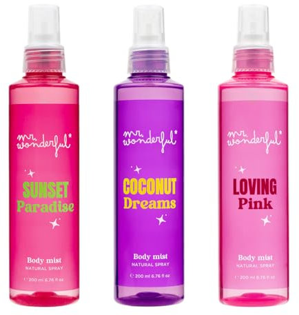 MR WONDERFUL - Bruma Corporal Perfumada 3 x 200 ml, Sunset Paradise, Loving Pink y Coconut Dreams, Body Mist, Aroma Floral Frutal, Fragancia Fresca, Fácil de Aplicar, Secado Rápido, Formato Spray