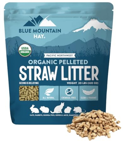 Blue Mountain Hay Organic Small Animal Pet Litter and Bedding (20 lb), Pelleted Wheat Straw Cage and Litter Box Liner, Safe Organic Materials, Dust-Free, Highly Absorbent, Natural Odor Control