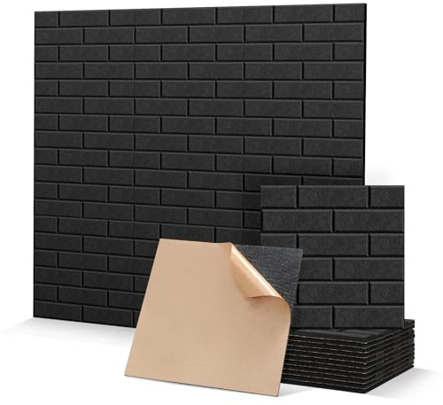 Putentfun Acoustic Panels, Sound Proofing Panels Self-adhesive, 12 Pack Acoustic Wall Panels Brick, High Density Soundproofing Panels for Wall, Recording Studios, Home, Office 30x30x0.9cm (Black)