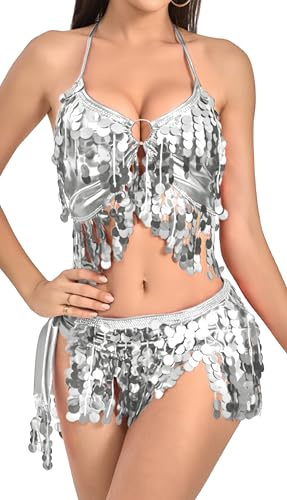 SEAUR Dam paljett frans kjol topp set glittrande 2 delar magdans outfit justerbar rygg snörning höft halsduk karneval festival fest scenframträdande, Vitt, en storlek