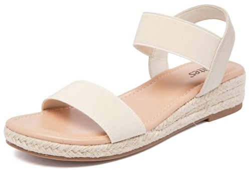 Veittes Sandales compensées à plateforme pour femmes,Sandales compensées espadrilles d'été habillées à talon avec bride élastique à la cheville orteils ouverts,Beige,38.5 EU,2507008