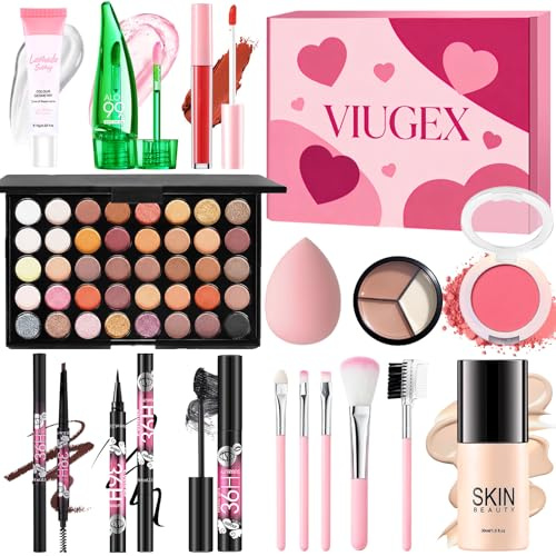 Kit de Maquillaje Profesional Completo, Set Maquillaje Mujer, Estuche Regalo Maquillaje Adolescentes con Primer Fundación Paleta Sombras de Ojos Corrector Colorete Brillo Labial Máscara Línea Ojos