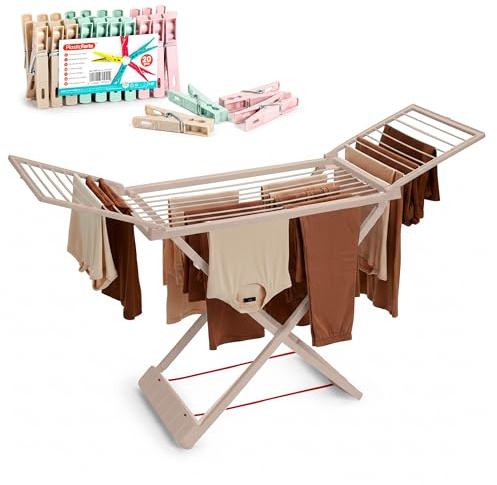 PlasticForte Tendedero Plegable y Extendible para Balcón, 20 m de Tendido con Pinzas, Gran Capacidad, Ligero y Resistente al Sol, Fácil de Transportar, Bloqueo de Seguridad, Marrón