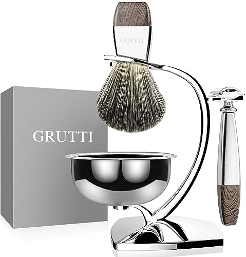 GRUTTI Vintage Deluxe Kit de Afeitado: Set de Afeitado Húmedo con Taza Magnética, Soporte de Acero Inoxidable y Diseño Antideslizante