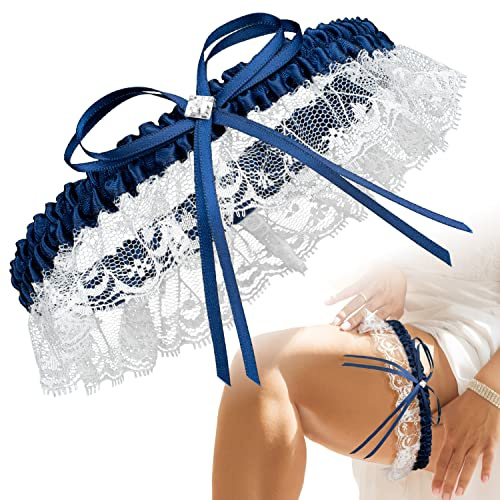 JK Trade® L-XXXL Premium brudstrumpeband i blått för bröllop, band dekorerat med spets, rosett och en ädel filigran glittersten, 100 % handgjorda