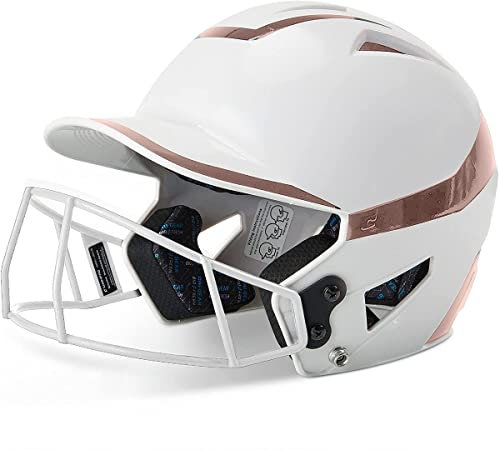 Champro Rise Pro Mädchen Softball-Schlaghelm mit Gesichtsschutz, Softball-Helme für Mädchen, Bio Fresh/Dri-Gear Feuchtigkeitstransport-Pad, Weiß/Roségold, Senior