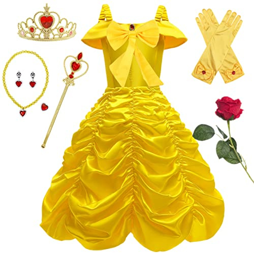 YOGLY Déguisement Robe de Soirée de Princesse Belle Fille Cosplay La Belle et la Bête Longue et Accessoires pour Enfant Halloween Noël Fête Anniversaire Cérémonie Communion Cadeaux 2-10 ans