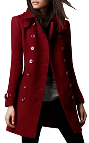 Onsoyours Veste en Laine Femme Revers Manteau À Manches Longues Trench Coupe-Vent Blazer Long Parka Blouson Mode Élégant Long Veste OL Chaud Couleur Unie Cardigan Coat Outwear A Vin Rouge S