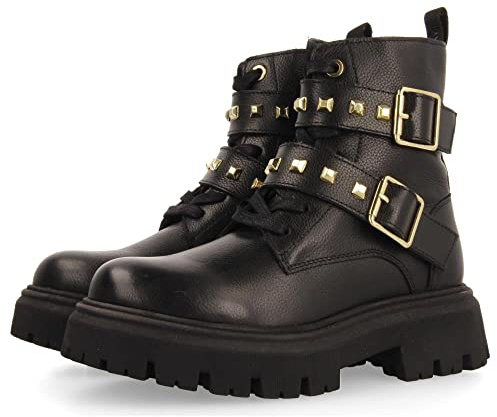 Botines negros de piel con cordones y detalle de hebillas para niña y niño trins