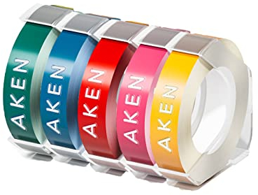 5 x Kompatible 3D Prägebänder 9mm Kompatibel mit Dymo Omega Junior Etikettenband (Weiß auf Gelb/Rosa/Rot/Seegrün/Dunkelblau)