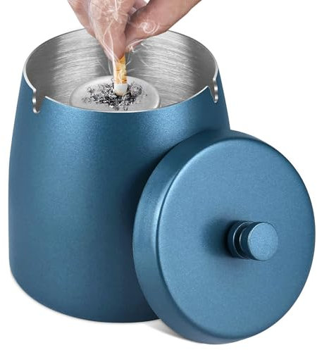 Aschenbecher mit Deckel (12 * 10 * 12cm), Edelstahl Aschenbecher für Draussen, Sturmaschenbecher als Windaschenbecher, Standaschenbecher mit Rutschfest Boden für Draußen und Innen - Blau