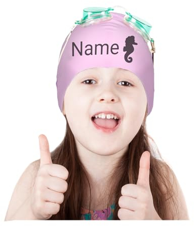 Badekappe Kinder mit Namen Mädchen Lange Haare Schwimmkappe für Damen Jungen Herren NGTSFLY Silikon Badehaube Bademütze Wasserdicht Schwimmmütze mit Muster