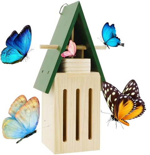 Natural Wood Butterfly House and Feeder for Outside - Decorative Shelter Habitat with Hooks to Hang on Wall or Tree for Outdoor Garden Decor