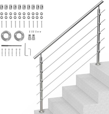 VEVOR Handrails for Outdoor Steps, 59 in Length 5 Crossbars Stair Hand Rail Kit, Transitional Stainless Steel Railings w/Installation Kit, Double-Column Staircase Handrails for Seniors,Porch & Deck