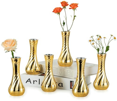 NUPTIO Glasknoppvas Guld: 6 Stycken Små Blomvaser för Bröllopsfest Bord Mittpunkt - Vintage Ribbad Vas för Hem Födelsedagsmottagning Dekorationer