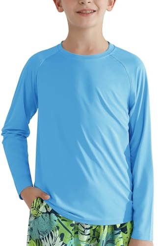 Hotfiary Boys Long Sleeve Rash Vest, Kids Crew Neck UPF 50+ Swimming Shirts, Youth Teens Sun Protection Rash Guard, Quick Dry Swimming Tops, Chidlren Cooling Athletic Sports T-shirts 4-14 Years