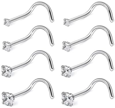 BIBITI 8 Stück Nasenpiercing Stecker,Piercing Nase Nasen,Chirurgenstahl Nasenstecker Schmuck Set,Nasenpircing Pircingssets Nostril Nasenring Piercings Tragus-Piercing,für Erwachsene Frauen (Silver)