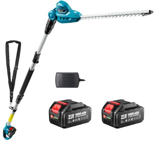 SEESII Cortasetos Telescópico Eléctrico: Cortasetos a Batería con Hoja de Doble Acción de 40 cm, 2 Baterías 4,0Ah, Cabezal Giratorio 135°, para Setos Altos y Arbustos Densos