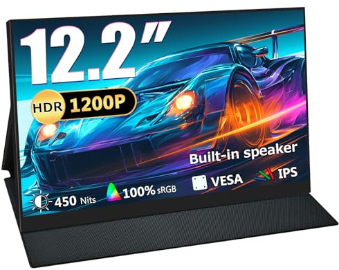 Motyeowe Bärbar bildskärm 12,2 tum, 60 Hz 1200P 100 % sRGB USB-C, Mini-HDMI, med VESA ultratunt bärbar datorskärm för kontor och spel
