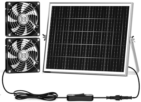 pqins Kit de 2 ventiladores solares para invernadero de 5.5 pulgadas, 30 W, alimentados por energía solar, extractor y admisión, fuerte flujo de aire e impermeable, cable de 5 m, para circulación de