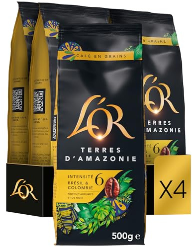 L'OR, 2kg Café en Grains Terres d'Amazonie, Brésil et Colombie, Intensité 6, 4x500g