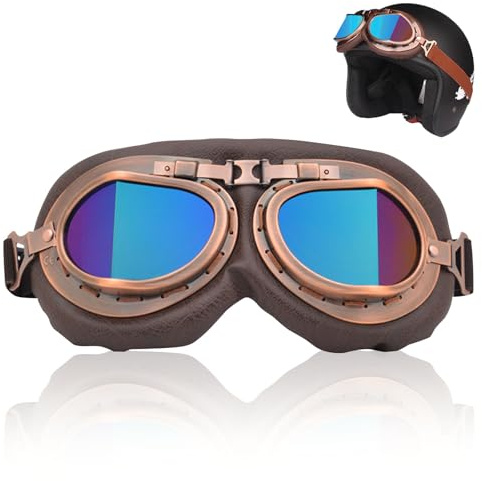 FOSDICK Occhiali Moto Retro Antivento Antisabbia Occhiali da Moto Vintage Stile Punk Occhiali Motocross Uomo per Mezzo Casco per Sport all'Aria Aperta Aviatore Corsa Racer ATV (Marrone+Colorato Lenti)